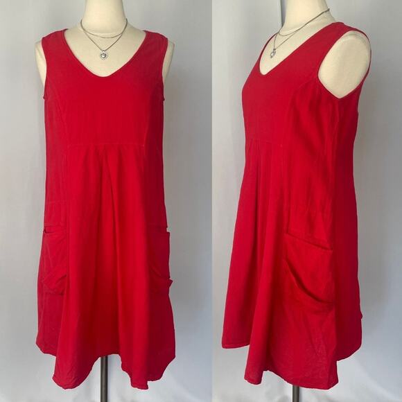 Color Me Cotton Trapeze Dress Size Medium Red Solid Flowy Lagenlook Boho Minimal - Picture 1 of 14